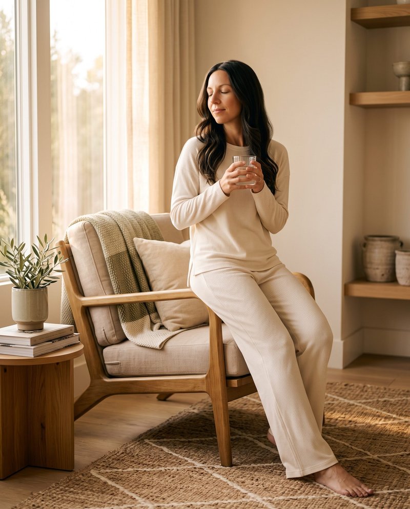 Mujer disfrutando de un momento de calma y bienestar en casa